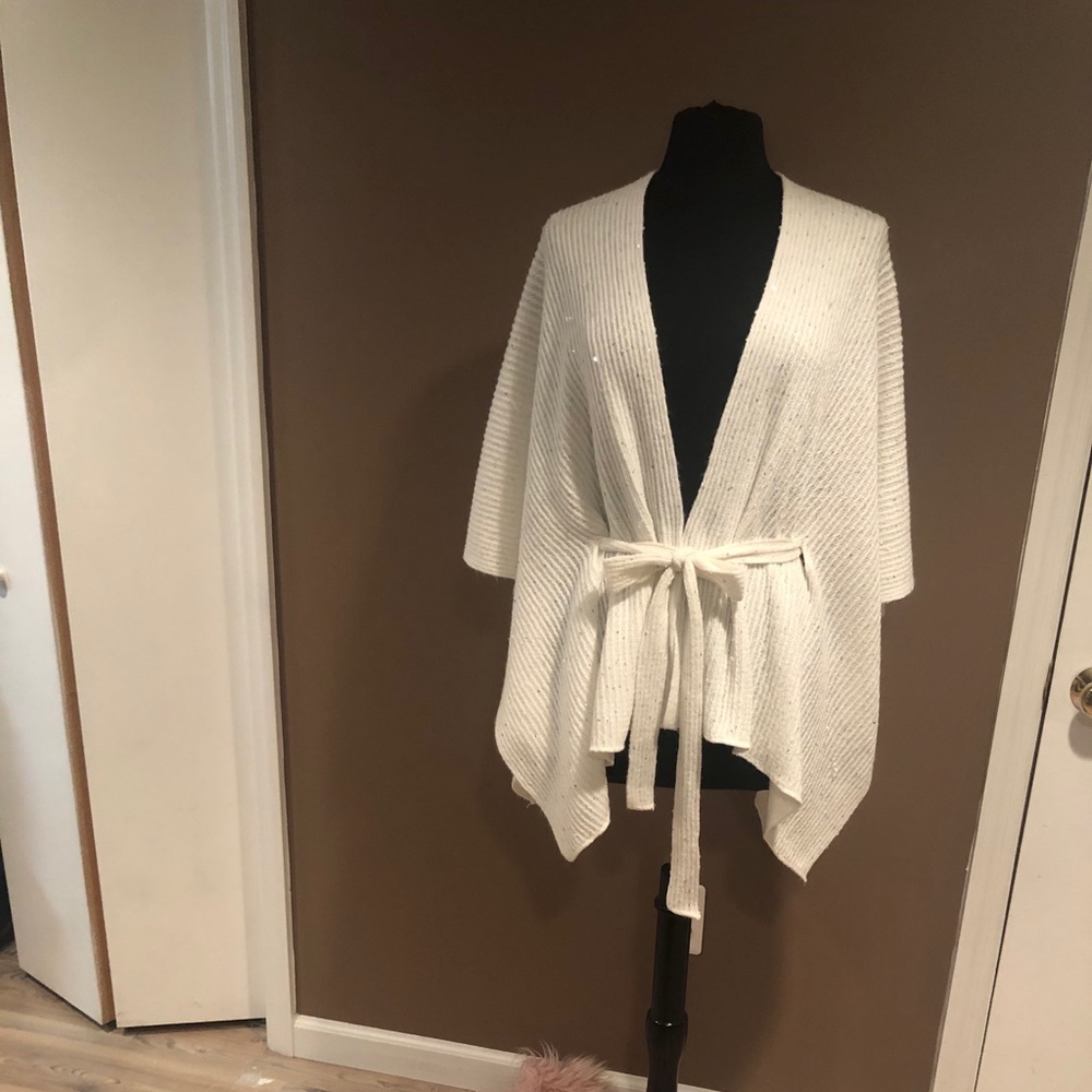 White and silver sequin shawl sweater